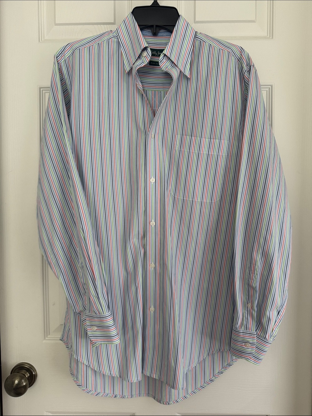 Men's Bobby Jones Multi-Stripe Dress Shirt - White -Blue , Coral Lime Stripes